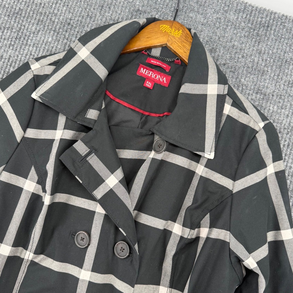 Merona Trench Coat Womens XXL Black NWT Plaid Water Repellent Belted Jacket